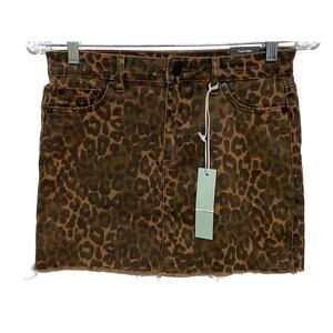 Tractr Lisa Mini Skirt Girl XL Leopard Animal Print Slim Fit Mid Rise Frayed NWT
